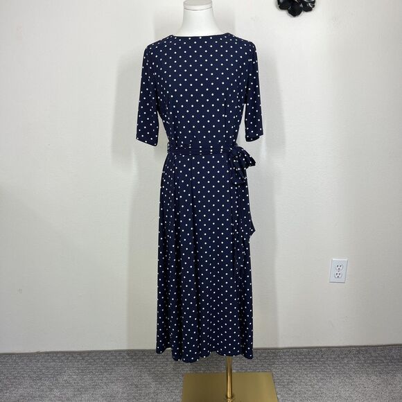 Anne Klein Dresses & Skirts - Anne Klein Dress Womens 10 Blue Polka Dot Belted Midi Fit Flare Work Office